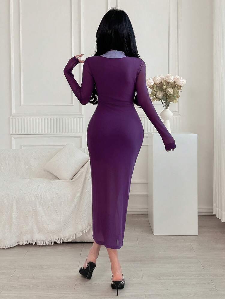 Spring New Rose 3D Floral Waist Sundress, Color Block Waist Fit Women Dress, Fall Dress Long Sleeve Dress