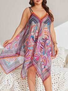 SHEIN Swim Curve Plus Size Women's Sleeveless Print Patchwork Beach Cover Up, For Summer Vacation