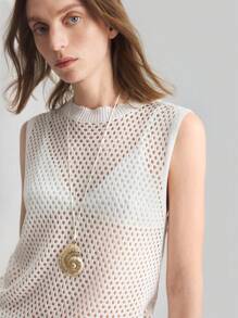 Ontre Vintage Boho Style Women Sleeveless Hollow-Out Crew Neck Knit Top, Solid Color