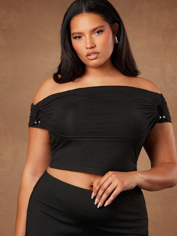 Hauture Mujer de verano, Mujer, Blusa corta negra sólida con hombros descubiertos y adorno plateado lateral para mujer de talla grande, Blusas para mujer, Blusas cortas para mujer, Blusas sexys para mujer, Blusas de verano, Blusa corta, Blusas para salir, Blusa negra. Para citas, conciertos, actuaciones, fiestas, clubes, festivales de música