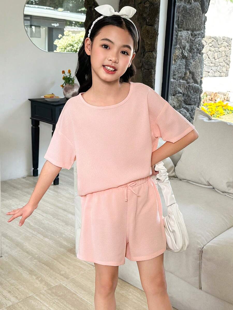 2pcs/Set Preteen Girls Loose Round Neck T-Shirt And Relaxed Shorts Outfit, Textured Material - Multicolor - View 1