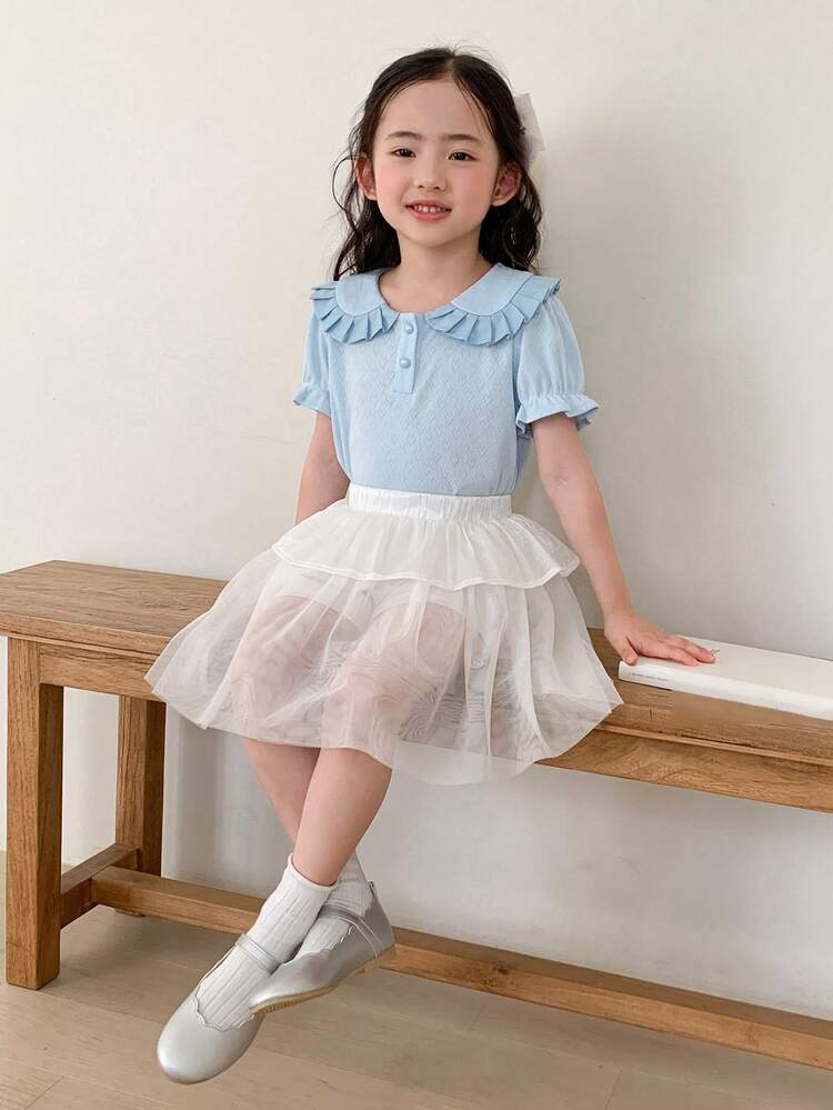 Young Girl's Solid Color Peter Pan Collar Top And A-Line Skirt 2pcs Set, Casual,Girls Summer Outfits