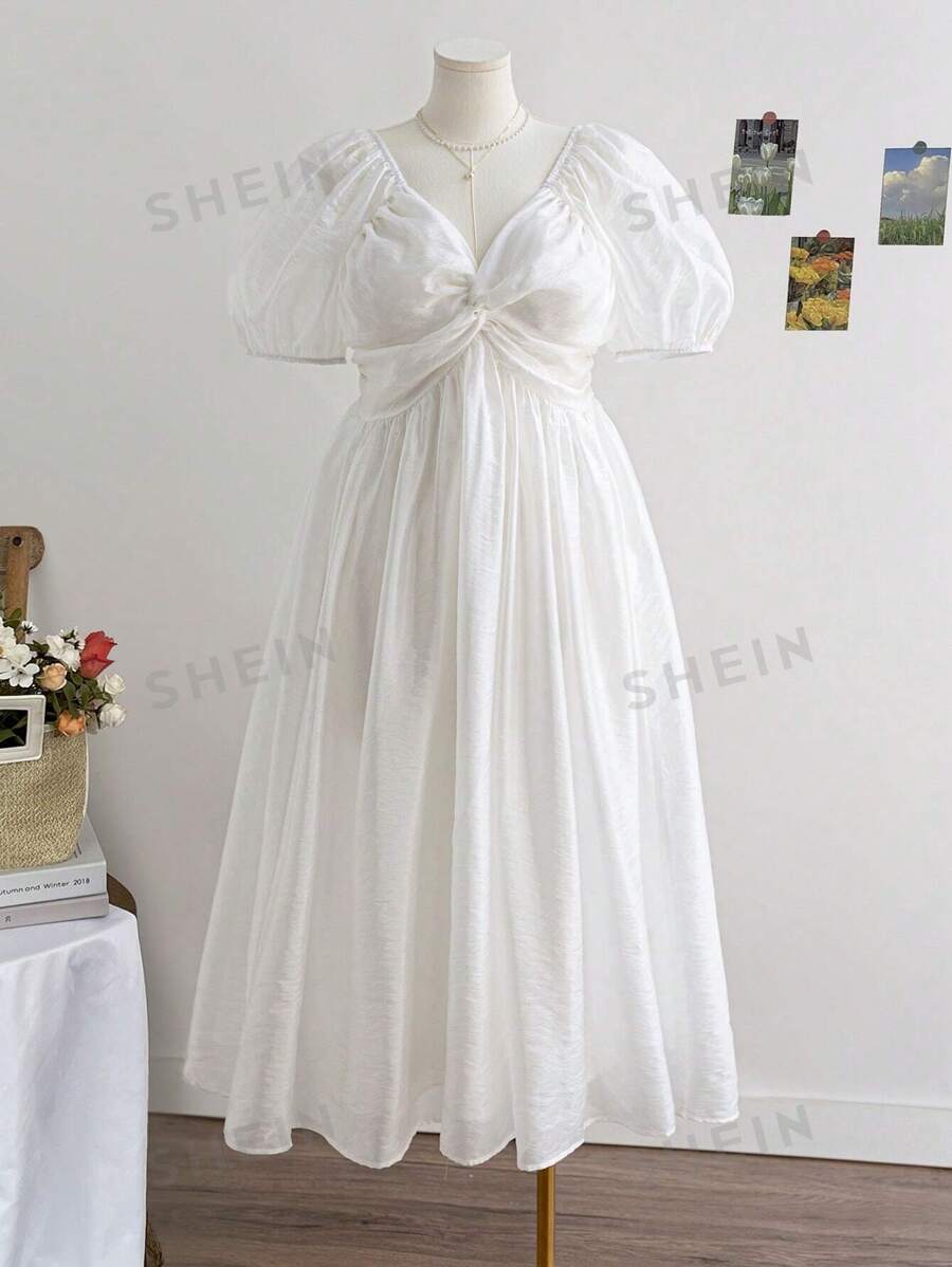 Soleia Vestido midi de línea A con mangas abullonadas y detalle torcido al frente, rosa, para primavera, talla grande