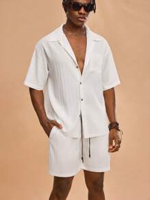 Forever 21 Men's Casual Beach Waves Wide-Collar Short Sleeve Shirt And Shorts Two-Piece Set - White - View 1