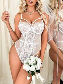Romantic Lace Detail Steel Hoop Sexy Bodysuit Bridal Lingerie, Rave - White - View 7