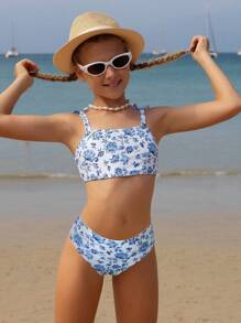 SHEIN Tween Girl Retro Blue & White Floral Print Bikini Set, Cute Bow Splice Beach Swimwear, Suitable For Summer Beach Holiday Swimming