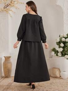 Seusyu 2 szt./zestaw Wiosna 2025 Nowy specjalistyczny komplet: sweter żakardowy i rozkloszowana spódnica, stylowy i dla młodych dziewcząt - Czarne - Zobacz 2