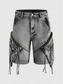 ROMWE MEN Grunge Punk 男士 Street Cargo 复古水洗大口袋牛仔短裤 - 灰色 - 查看 4