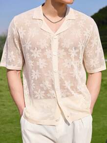 Manfinity CasualKnits Men's Floral Hollow-Out Short Sleeve Single-Breasted Casual Hollow Out Loose Knit Top, Suitable For Summer - Multicolor - View 5