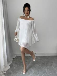 Rafferiza 復古浪漫細緻百褶純白生日派對洋裝，女款婚禮賓客迷你洋裝 - 白色 - 查看 4