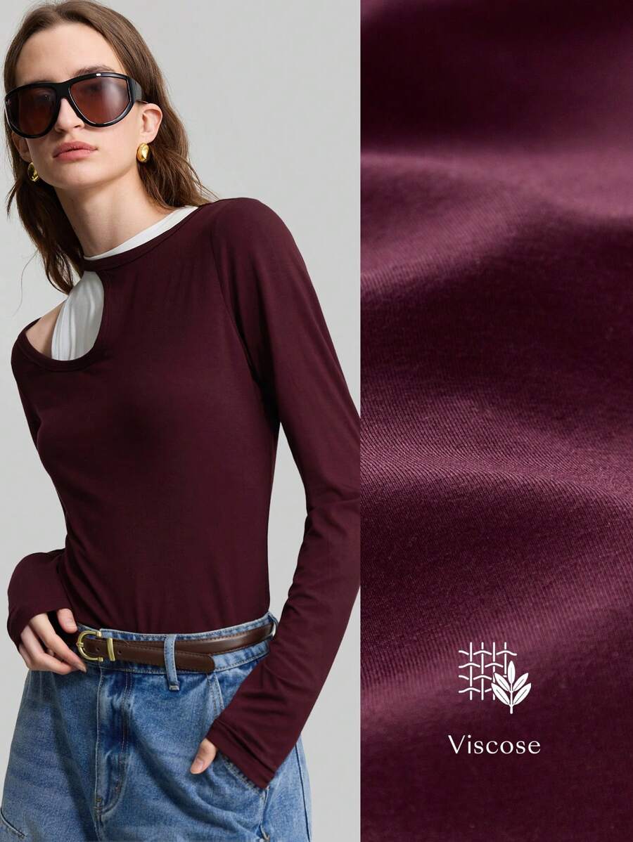 Ontre 2pcs Women Hollow-Out Contrast Color Slim Fit Knitted Tank Top And Long Sleeve Sweater Set, Spring 2025, Retro-Inspired - Purple - View 1