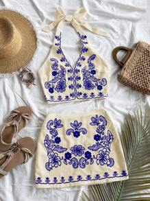 Soleia 2 件套：杏色背景蓝色花卉刺绣露背短款上衣，带后系带和 A 字迷你裙，度假装 - 藍色 - 查看 2