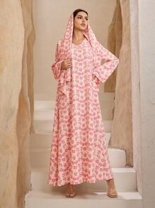 Graceveil 女士简约时尚休闲阿拉伯风格连衣裙，适合日常穿着，端庄 - 粉色 - 查看 7