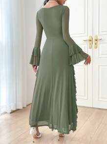 Modelyn Women's Solid Color Square Neck Bell Sleeve Long Elegant Dress Long Evening Dresses