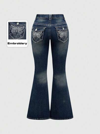 J-Fashion Jeans acampanados informales con diseño de bolsillos y efecto alas de mariposa para mujer talla grande