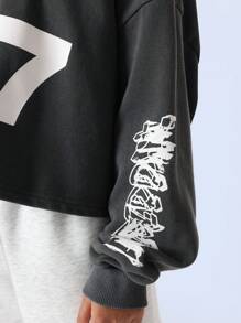 SUMWON 都市街头风短款连帽衫，饰有“777”图案印花，宽松版型，青年时尚嘻哈风格运动卫衣，秋冬运动服 - 深灰色 - 查看 4