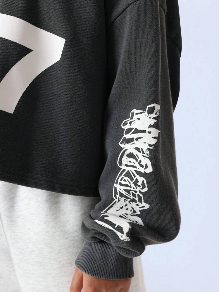 Urban Streetwear Cropped Hoodie With "777" Graphic Print, Oversized Fit Youth Fashion Hip Hop Style Sporty Sweatshirt Fall Winter Athletic Wear - Dark Grey - View 4