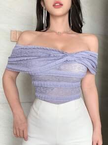 DAZY Camiseta de verano nueva de mujer con hombros descubiertos, texturizada y ajustada