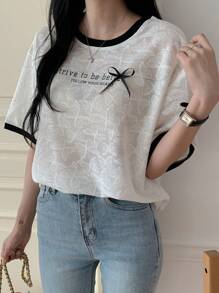 DAZY Nueva camisa de mujer holgada y casual de primavera con estampado de letras y decoración de lazo - Blanco - Ver 5
