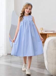 SHEIN Serisse Kids Vestido suelto y casual para niña preadolescente con cuello redondo, sin mangas, de unicolor y espalda abierta