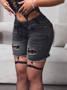 SHEIN SXY Casual Distressed Frayed Hem Slim Denim Shorts - Grey - View 4