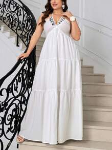 SHEIN Privé Abito lungo da donna in chiffon con scollo a sbuffo e maxi balza, adatto per resort, matrimonio, uscite, appuntamenti al mare, stampa floreale a contrasto di colori, abito lungo da resort tropicale