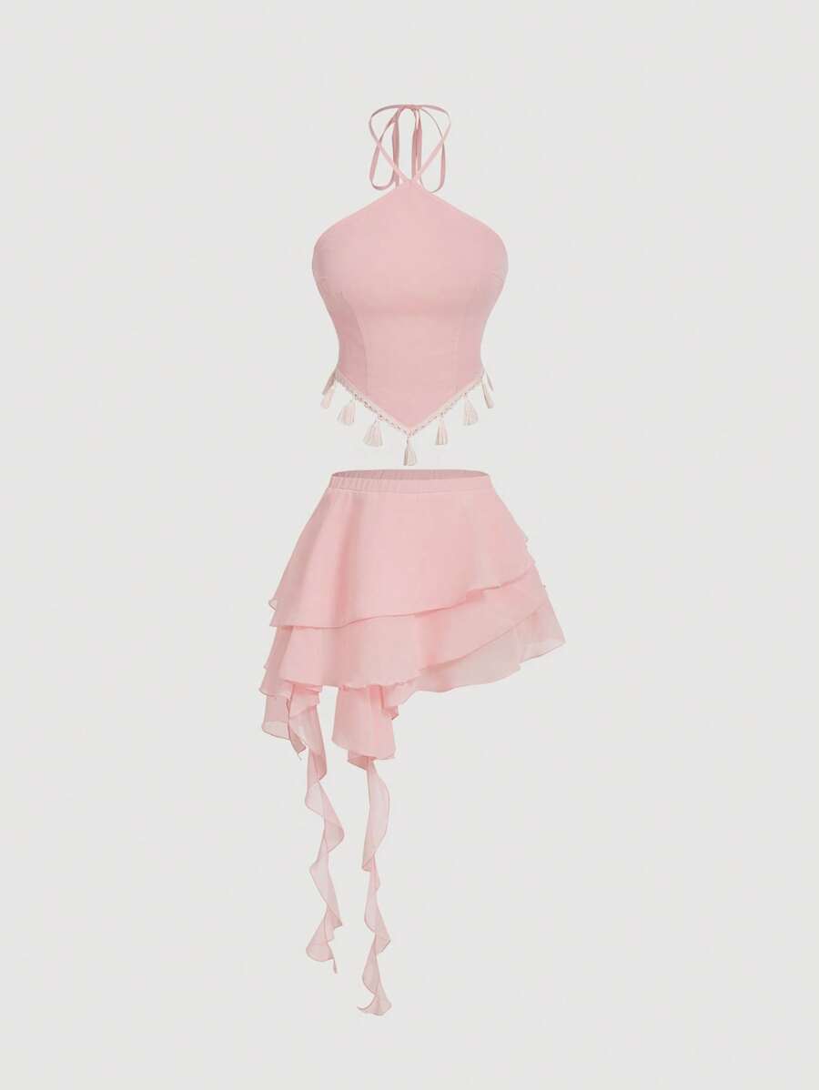 SHEIN MOD Trang phục lãng mạn màu hồng: Áo ba lỗ tua rua và chân váy xếp nếp nhiều lớp, trang phục dự tiệc, trang phục Bohemian, trang phục đi nghỉ, trang phục đi biển - Hồng - Xem 1