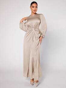Modelyn Ladies' Round Neck Lantern Sleeve Arabian Abaya Dress,Elegant Evening Party Maxi Dress - Apricot - View 7