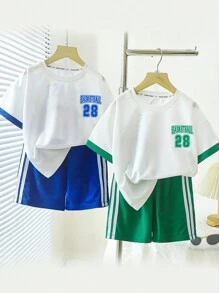 2 Pieces Set For Young Boys, Casual & Cute Sporty Street Fashion Style, Dopamine Colorblock Design Loose Fit Crew Neck T-Shirt And Shorts, Buy One Get One Free, Suitable For Spring, Summer, Autumn & Winter, Home, Outdoor, School, Sports - Multicolor - View 2