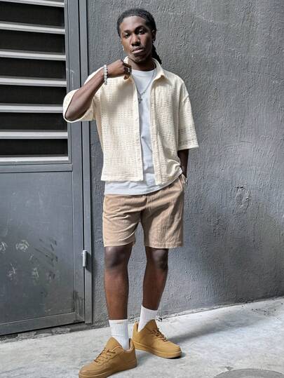 Manfinity VCAY 1 Set Men's Ark Pattern Loose Relaxed Fit Mid-Sleeve Shirt