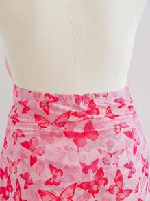 Soleia Plus Size Romantic Valentine's Day Floral Butterfly Print V-Neck Halter Mini Dress With Tie Detail And Ruffled Mesh, Summer - Multicolor - View 4