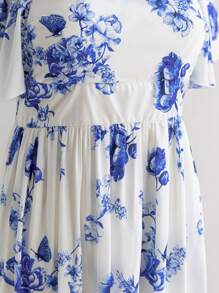 SHEIN WYWH Plus Size Women Floral & Animal Print Ruffle Sleeve Elastic Waist Casual Dress, Vintage Style, Suitable For Summer Vacation, Back To School, Lunch, Casual Occasions, Bachelorette