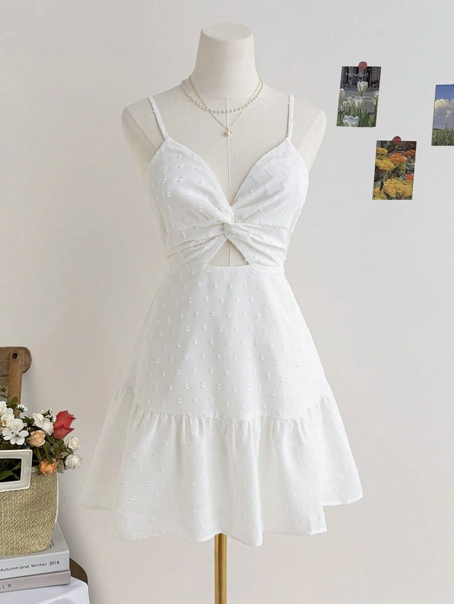 Soleia Women's Vacation Style Camisole Mini Dress, With Bowknot Back Straps, Twist Front, White Summer Casual