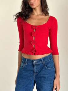 SHEIN Essnce Women's Solid Color 3D Floral Decor Long Sleeve Casual Knit Top - Red - View 3