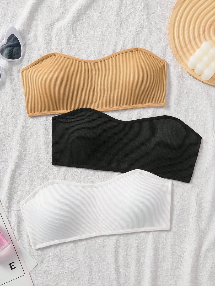 Teen Girls 3pcs Tube Top Set, Comfortable & Non-Slip With Padded Bra, Simple Design
