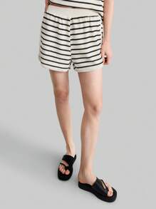 Ontre 2pcs Women Stripe Polo Collar Short Sleeve Top And Shorts Set, Casual Knit Suit Combo Outfit, Spring/Summer