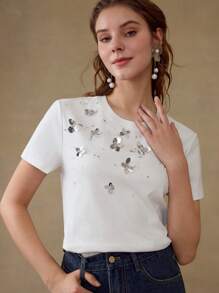 MOTF T-SHIRT À MANCHES COURTES AVEC FLEURS SEQUIN