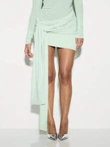 KIZN Chân váy mini xếp nếp có chi tiết nhún ở hông, trang phục dự tiệc tối thanh lịch, bộ sưu tập thời trang xuân hè cho câu lạc bộ - màu xanh lá - Xem 1