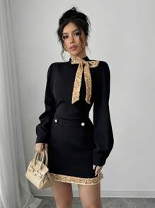 Selianne 2pcs/Set Women Fall/Winter Elegant Sequin Bow Decoration Shirt And Skirt Suit - Multicolor - View 3