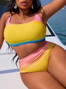 Slaydiva Plus Size Women 2pcs/Set Adjustable Strap Casual Holiday Bikini Swimwear Set, For Summer Beach Vacation - Multicolor - View 1