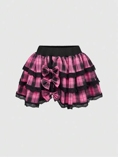 Kawaii Y2K Style Rhinestone Bowknot Layered Ruffle Mini Skirt For Women