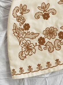 Soleia 2 件套：度假复古风格女式花卉刺绣露背短款上衣，搭配系带和迷你 A 字裙，米色底 - 棕色 - 查看 7