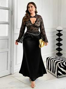 SHEIN Privé Áo thun hở vai tay dài thiết kế khoét sâu cổ chữ V ren đen cho lễ hội âm nhạc ngày lễ tình nhân dành cho nữ, thanh lịch khi đi làm, đi làm, đi nghỉ, trà chiều, hẹn hò, hòa nhạc, tiệc tùng, ins phổ biến retro đại học, chụp ảnh bãi biển - màu đen - Xem 7