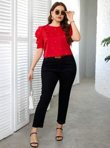 SHEIN Clasi 大码红色串珠泡泡袖衬衫、夏季外出上衣、女士春季服装