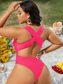 SHEIN Swim Curve Plus Size Women's Sexy Backless Criss-Cross One-Piece Swimsuit, Casual Holiday Style - Hot Pink - View 1