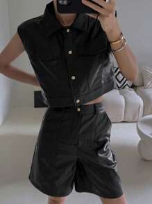 DAZY Women 2pcs Set: Solid Color PU Leather Single-Breasted Top And Pocketed Shorts,Short Women Sets - Black - View 4