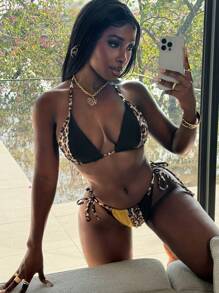 SHEIN Slayr Ensemble bikini patchwork imprimé léopard, soutien-gorge et culotte, vacances d'été à la plage - Noir - Voir 3