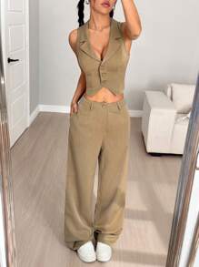 Flirla Conjunto de 2 piezas para mujer con chaleco ajustado de cuello y pantalones rectos anchos de pierna suelta - Marrón - Ver 4