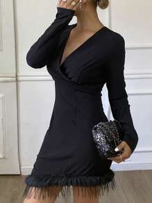 DAZY Fitted Asymmetrical V-Neck Fuzzy Patch Mini Dress, Suitable For Party, Date Night, Casual Wear Prom Dress,Fall Dress Long Sleeve Dress - Black - View 4