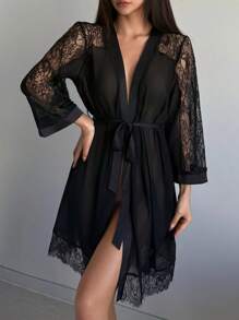 DAZY 女士性感半透明网眼蕾丝边睡袍 - 黑色 - 查看 8